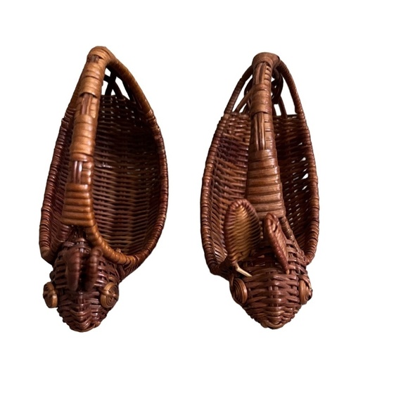 Set Of 2 Vintage Mini Bunny Basket Wicker Rattan With Handle - Picture 1 of 7